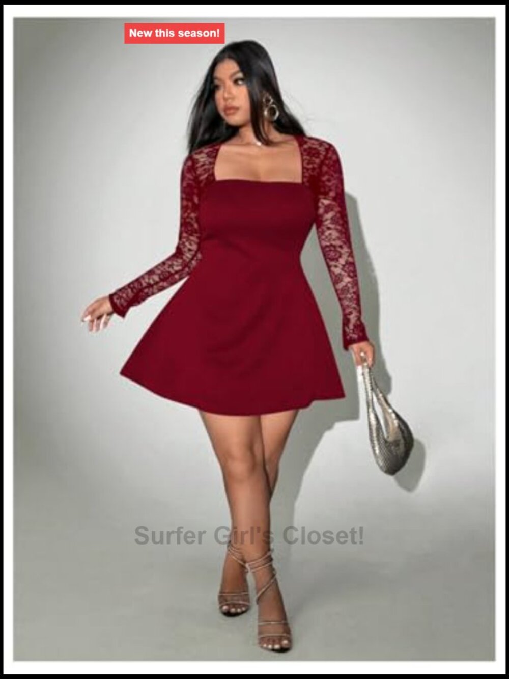 Plus Size Lace Long Sleeve Square Neck Mini Party Dress - Picture 5 of 5